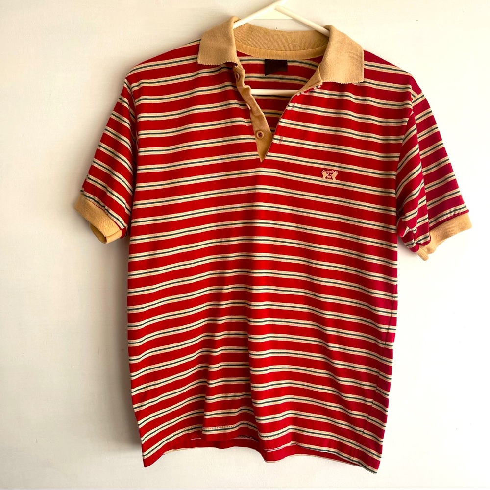 Unisex Vintage single stitch strip shirt with collar and hands off logo no size